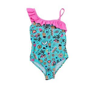 Toddler One Piece Swimsuit Allover Summer Print and Ruffle Shoulder Size 5